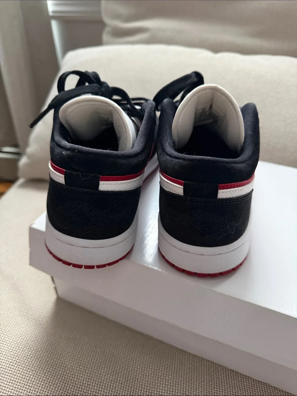Jordan Low-Top Sneakers in White, Black & Red